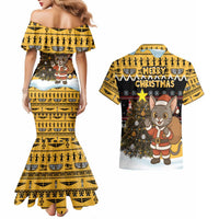Egypt Christmas Couples Matching Mermaid Dress and Hawaiian Shirt with Santa Cat Sleigh Reindeer Christmas Tree and Ancient Hieroglyphic - Wonder Print Shop