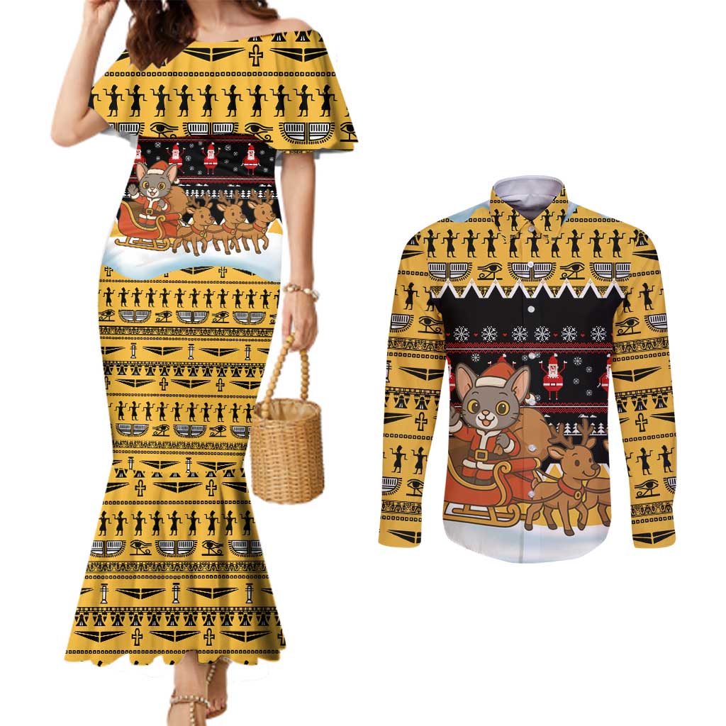 Egypt Christmas Couples Matching Mermaid Dress and Long Sleeve Button Shirt with Santa Cat Sleigh Reindeer Christmas Tree and Ancient Hieroglyphic - Wonder Print Shop