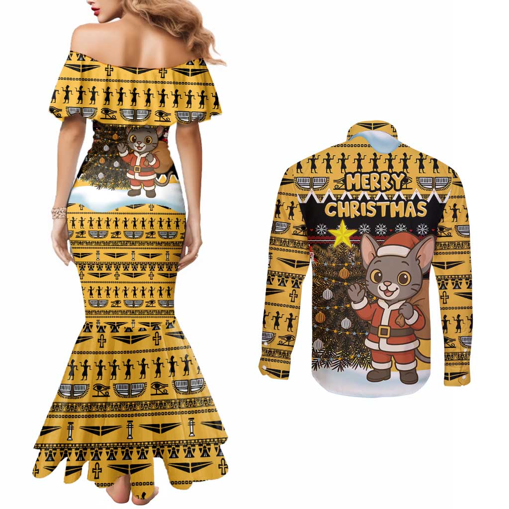 Egypt Christmas Couples Matching Mermaid Dress and Long Sleeve Button Shirt with Santa Cat Sleigh Reindeer Christmas Tree and Ancient Hieroglyphic - Wonder Print Shop