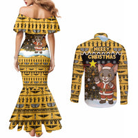Egypt Christmas Couples Matching Mermaid Dress and Long Sleeve Button Shirt with Santa Cat Sleigh Reindeer Christmas Tree and Ancient Hieroglyphic - Wonder Print Shop