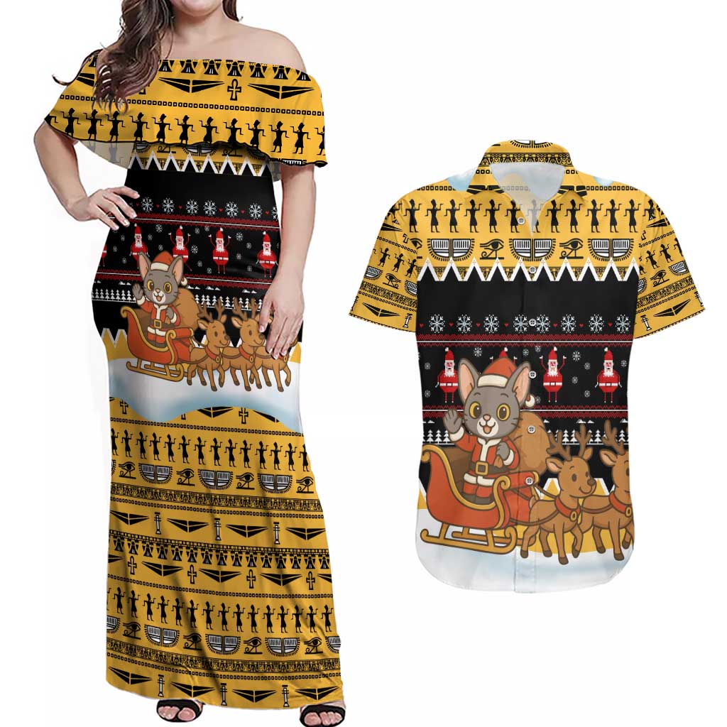 Egypt Christmas Couples Matching Off Shoulder Maxi Dress and Hawaiian Shirt with Santa Cat Sleigh Reindeer Christmas Tree and Ancient Hieroglyphic - Wonder Print Shop