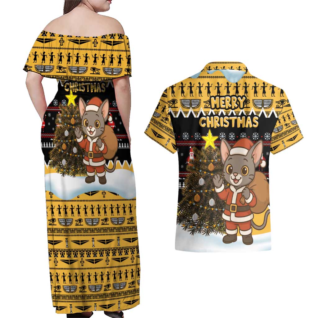 Egypt Christmas Couples Matching Off Shoulder Maxi Dress and Hawaiian Shirt with Santa Cat Sleigh Reindeer Christmas Tree and Ancient Hieroglyphic - Wonder Print Shop