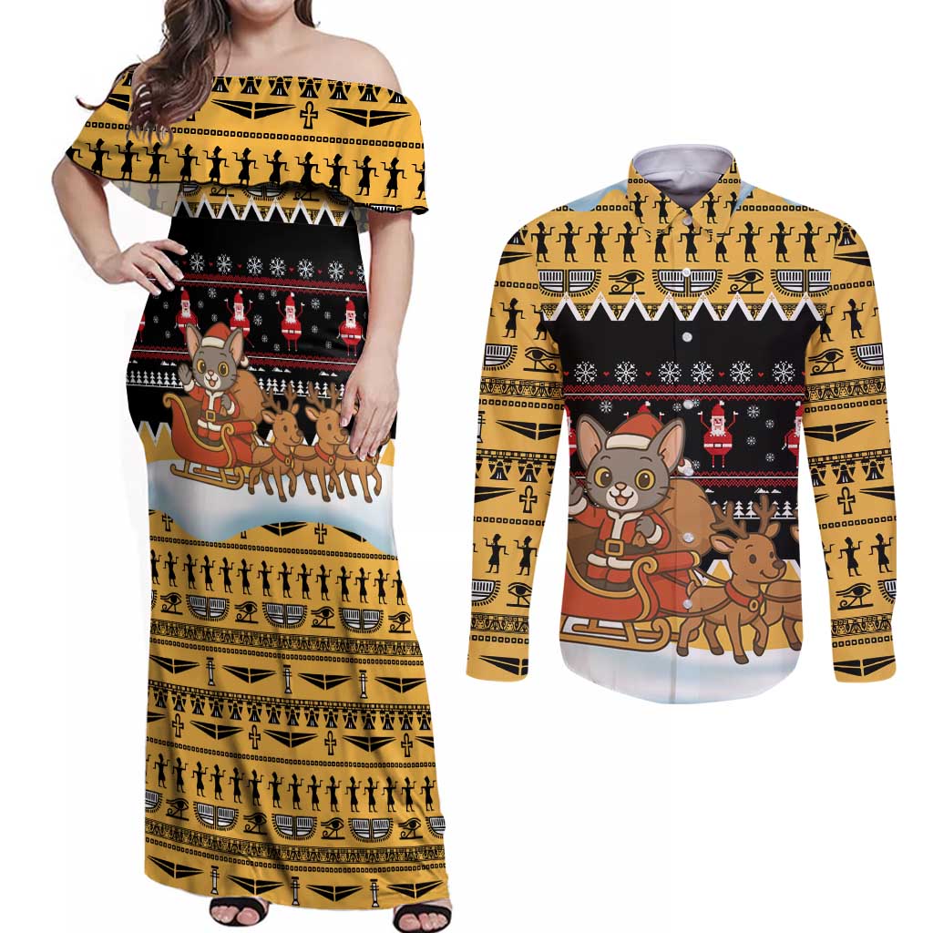 Egypt Christmas Couples Matching Off Shoulder Maxi Dress and Long Sleeve Button Shirt with Santa Cat Sleigh Reindeer Christmas Tree and Ancient Hieroglyphic - Wonder Print Shop