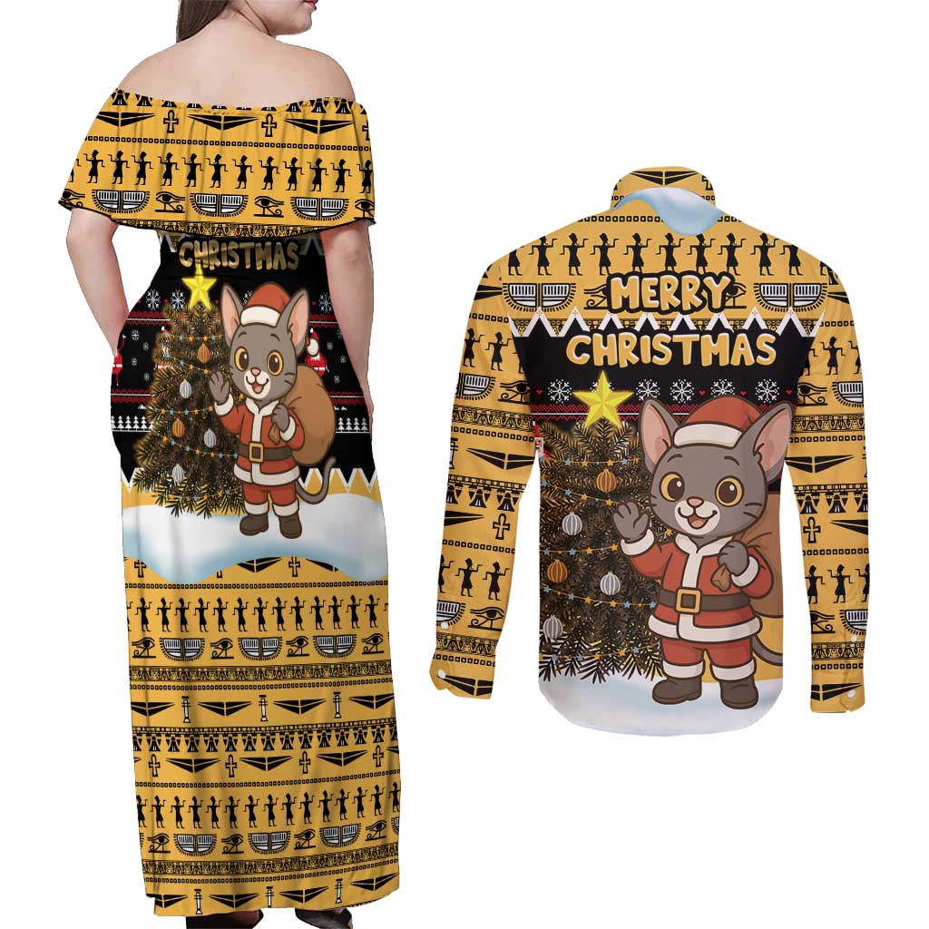 Egypt Christmas Couples Matching Off Shoulder Maxi Dress and Long Sleeve Button Shirt with Santa Cat Sleigh Reindeer Christmas Tree and Ancient Hieroglyphic - Wonder Print Shop