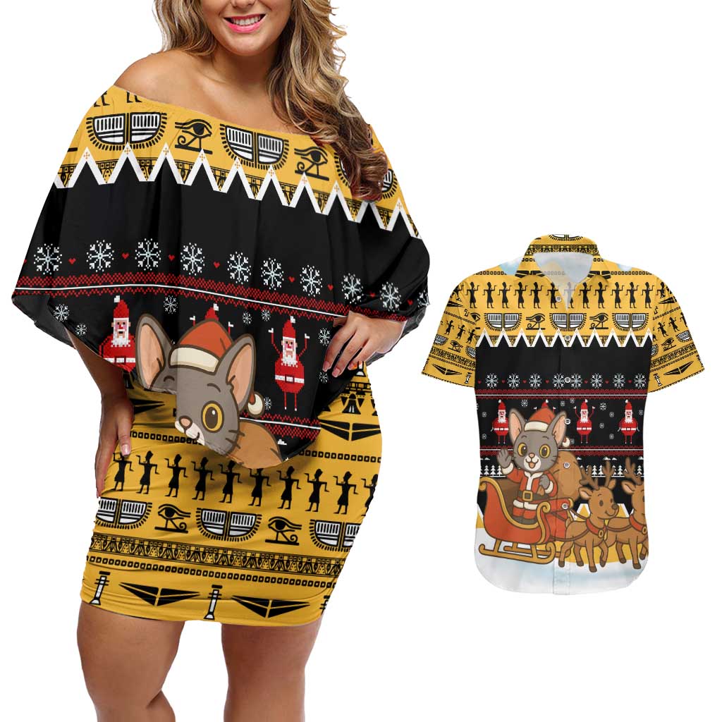 Egypt Christmas Couples Matching Off Shoulder Short Dress and Hawaiian Shirt with Santa Cat Sleigh Reindeer Christmas Tree and Ancient Hieroglyphic - Wonder Print Shop