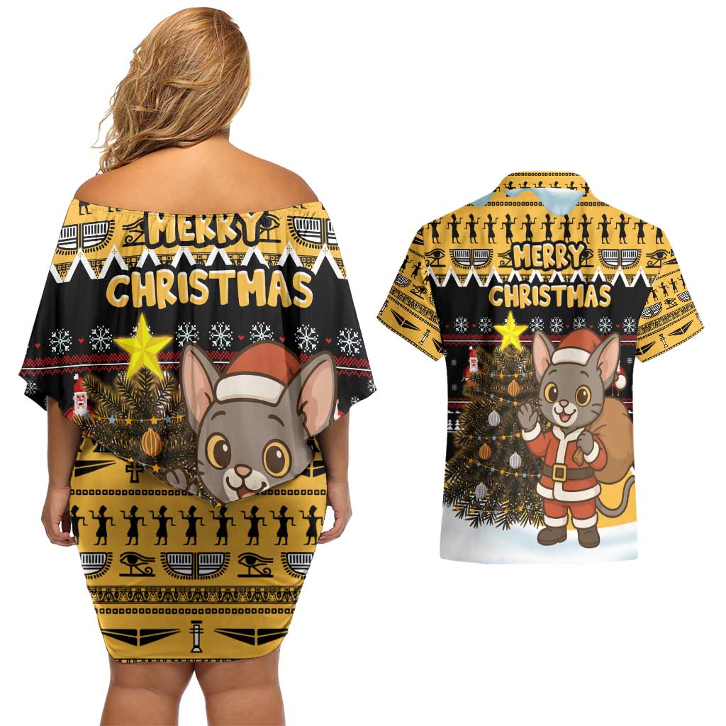 Egypt Christmas Couples Matching Off Shoulder Short Dress and Hawaiian Shirt with Santa Cat Sleigh Reindeer Christmas Tree and Ancient Hieroglyphic - Wonder Print Shop