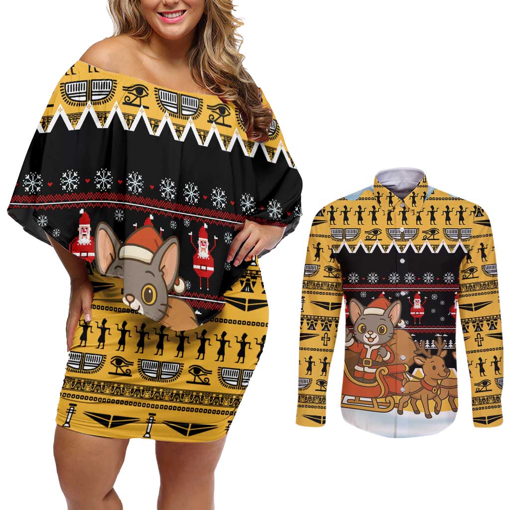 Egypt Christmas Couples Matching Off Shoulder Short Dress and Long Sleeve Button Shirt with Santa Cat Sleigh Reindeer Christmas Tree and Ancient Hieroglyphic - Wonder Print Shop