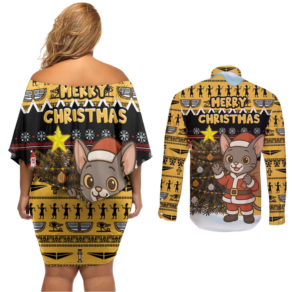 Egypt Christmas Couples Matching Off Shoulder Short Dress and Long Sleeve Button Shirt with Santa Cat Sleigh Reindeer Christmas Tree and Ancient Hieroglyphic - Wonder Print Shop
