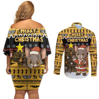 Egypt Christmas Couples Matching Off Shoulder Short Dress and Long Sleeve Button Shirt with Santa Cat Sleigh Reindeer Christmas Tree and Ancient Hieroglyphic - Wonder Print Shop