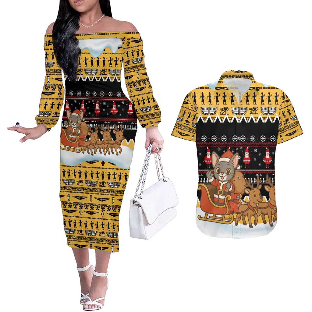 Egypt Christmas Couples Matching Off The Shoulder Long Sleeve Dress and Hawaiian Shirt with Santa Cat Sleigh Reindeer Christmas Tree and Ancient Hieroglyphic - Wonder Print Shop