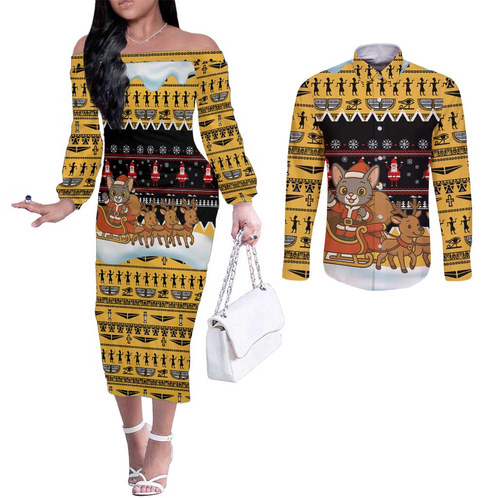 Egypt Christmas Couples Matching Off The Shoulder Long Sleeve Dress and Long Sleeve Button Shirt with Santa Cat Sleigh Reindeer Christmas Tree and Ancient Hieroglyphic - Wonder Print Shop