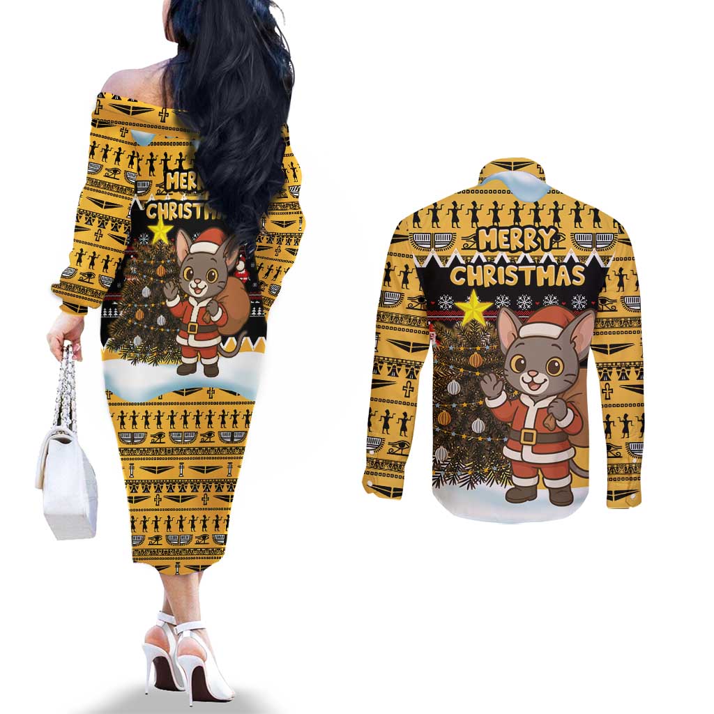 Egypt Christmas Couples Matching Off The Shoulder Long Sleeve Dress and Long Sleeve Button Shirt with Santa Cat Sleigh Reindeer Christmas Tree and Ancient Hieroglyphic - Wonder Print Shop