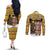 Egypt Christmas Couples Matching Off The Shoulder Long Sleeve Dress and Long Sleeve Button Shirt with Santa Cat Sleigh Reindeer Christmas Tree and Ancient Hieroglyphic - Wonder Print Shop