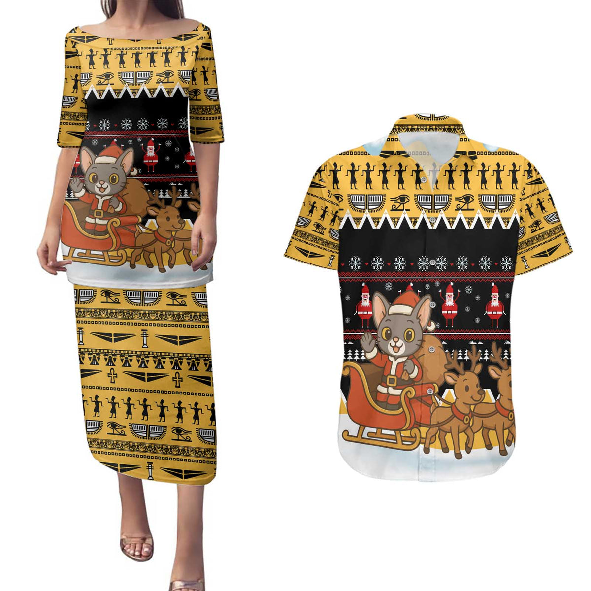 Egypt Christmas Couples Matching Puletasi and Hawaiian Shirt with Santa Cat Sleigh Reindeer Christmas Tree and Ancient Hieroglyphic - Wonder Print Shop