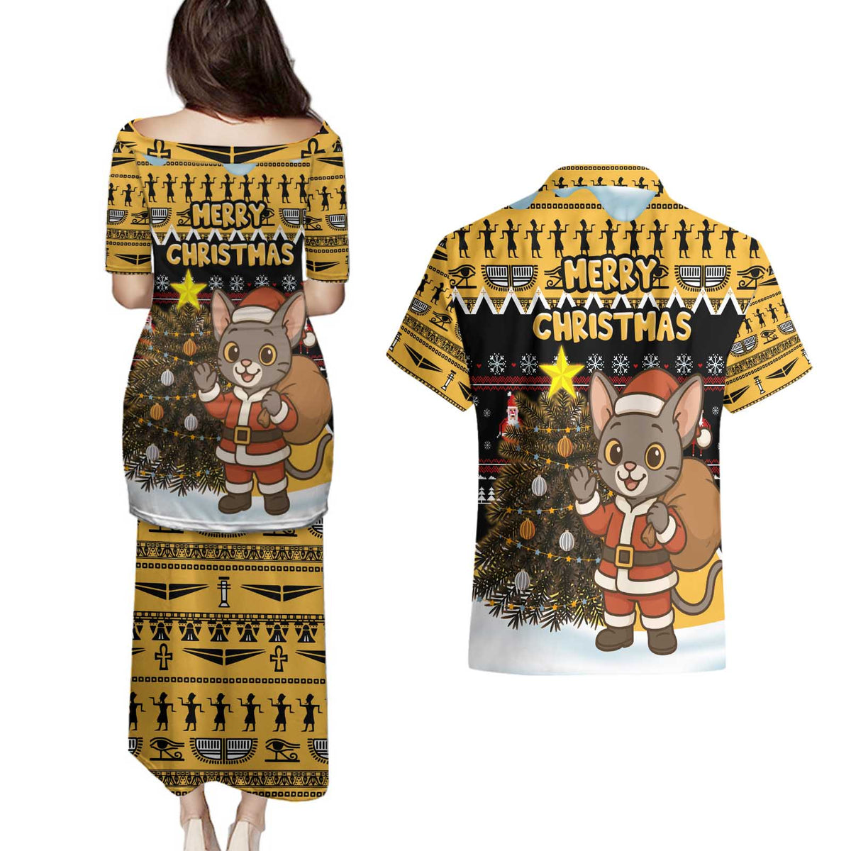 Egypt Christmas Couples Matching Puletasi and Hawaiian Shirt with Santa Cat Sleigh Reindeer Christmas Tree and Ancient Hieroglyphic - Wonder Print Shop