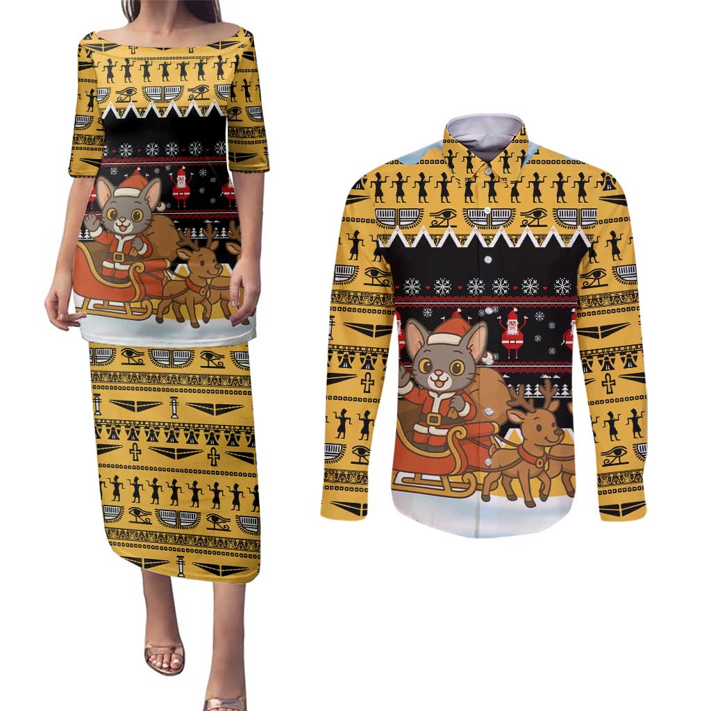 Egypt Christmas Couples Matching Puletasi and Long Sleeve Button Shirt with Santa Cat Sleigh Reindeer Christmas Tree and Ancient Hieroglyphic - Wonder Print Shop