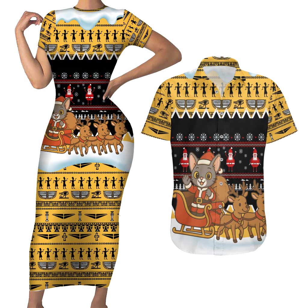 Egypt Christmas Couples Matching Short Sleeve Bodycon Dress and Hawaiian Shirt with Santa Cat Sleigh Reindeer Christmas Tree and Ancient Hieroglyphic - Wonder Print Shop