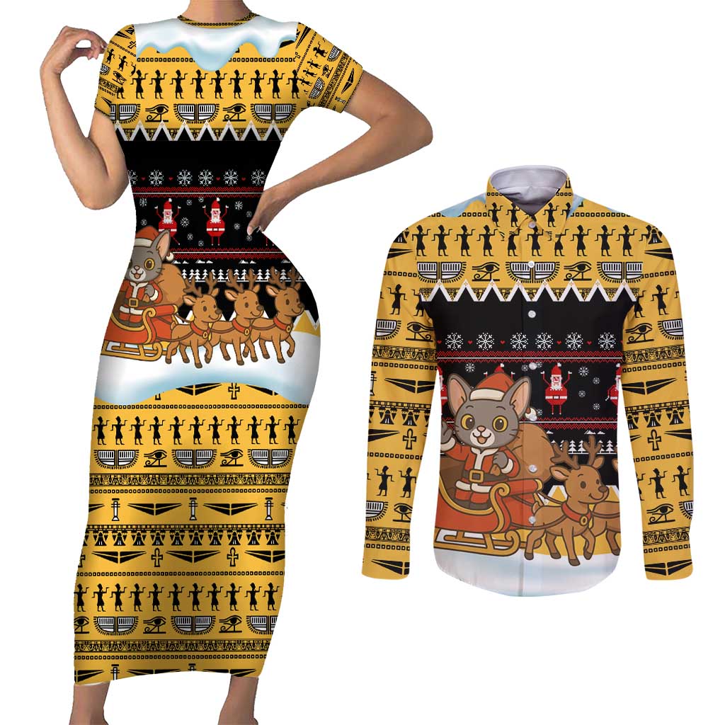 Egypt Christmas Couples Matching Short Sleeve Bodycon Dress and Long Sleeve Button Shirt with Santa Cat Sleigh Reindeer Christmas Tree and Ancient Hieroglyphic - Wonder Print Shop