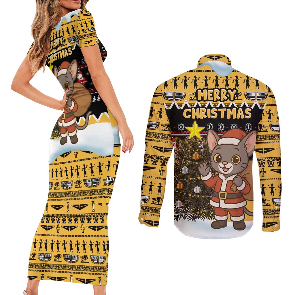 Egypt Christmas Couples Matching Short Sleeve Bodycon Dress and Long Sleeve Button Shirt with Santa Cat Sleigh Reindeer Christmas Tree and Ancient Hieroglyphic - Wonder Print Shop