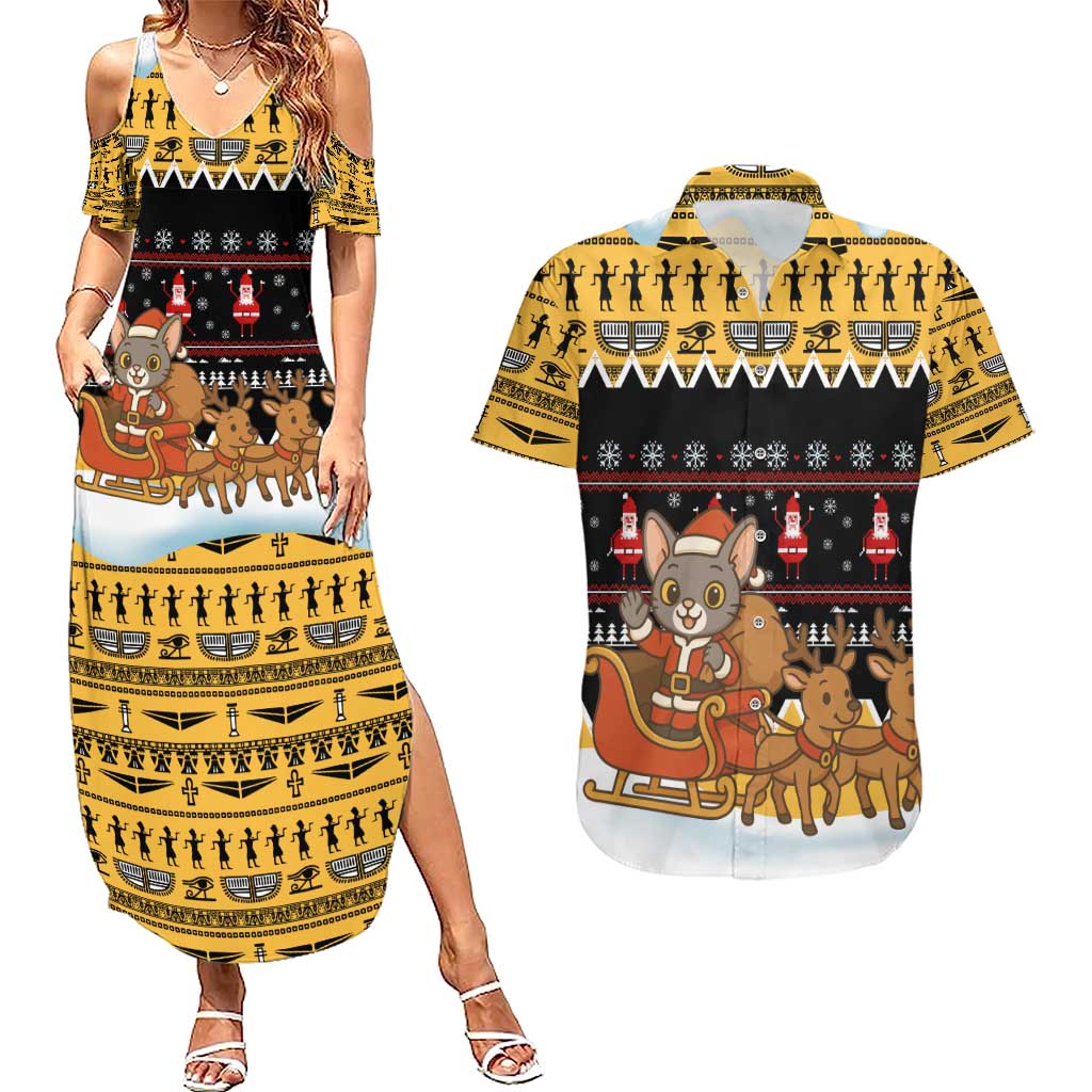 Egypt Christmas Couples Matching Summer Maxi Dress and Hawaiian Shirt with Santa Cat Sleigh Reindeer Christmas Tree and Ancient Hieroglyphic - Wonder Print Shop
