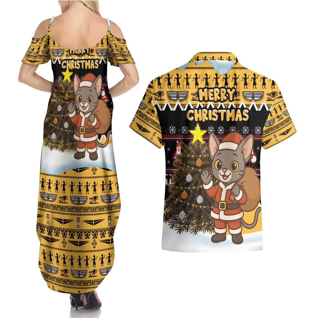 Egypt Christmas Couples Matching Summer Maxi Dress and Hawaiian Shirt with Santa Cat Sleigh Reindeer Christmas Tree and Ancient Hieroglyphic - Wonder Print Shop