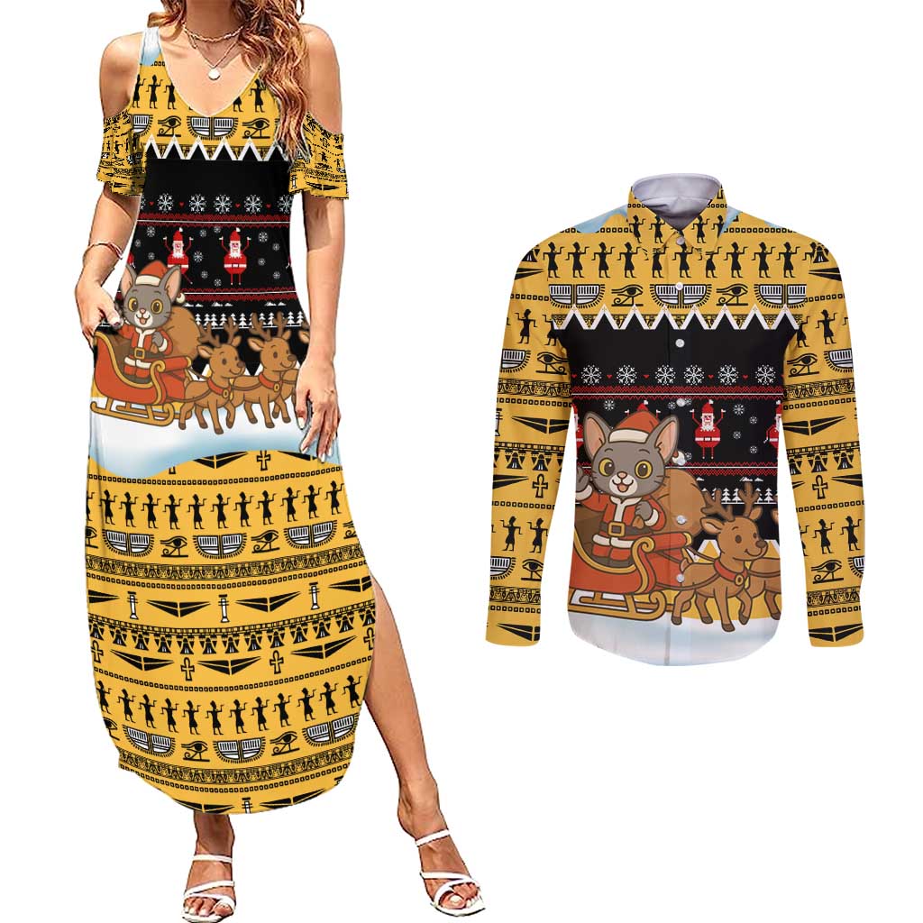 Egypt Christmas Couples Matching Summer Maxi Dress and Long Sleeve Button Shirt with Santa Cat Sleigh Reindeer Christmas Tree and Ancient Hieroglyphic - Wonder Print Shop