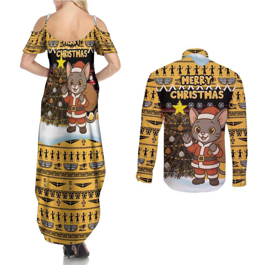 Egypt Christmas Couples Matching Summer Maxi Dress and Long Sleeve Button Shirt with Santa Cat Sleigh Reindeer Christmas Tree and Ancient Hieroglyphic - Wonder Print Shop