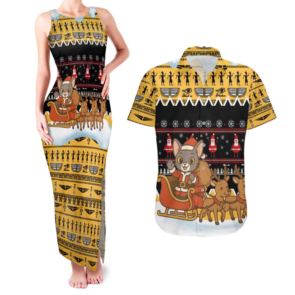 Egypt Christmas Couples Matching Tank Maxi Dress and Hawaiian Shirt with Santa Cat Sleigh Reindeer Christmas Tree and Ancient Hieroglyphic - Wonder Print Shop