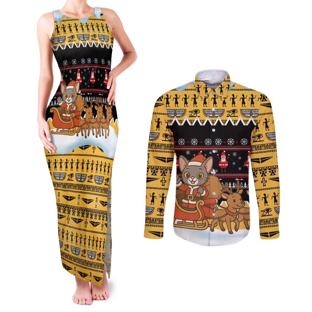 Egypt Christmas Couples Matching Tank Maxi Dress and Long Sleeve Button Shirt with Santa Cat Sleigh Reindeer Christmas Tree and Ancient Hieroglyphic - Wonder Print Shop