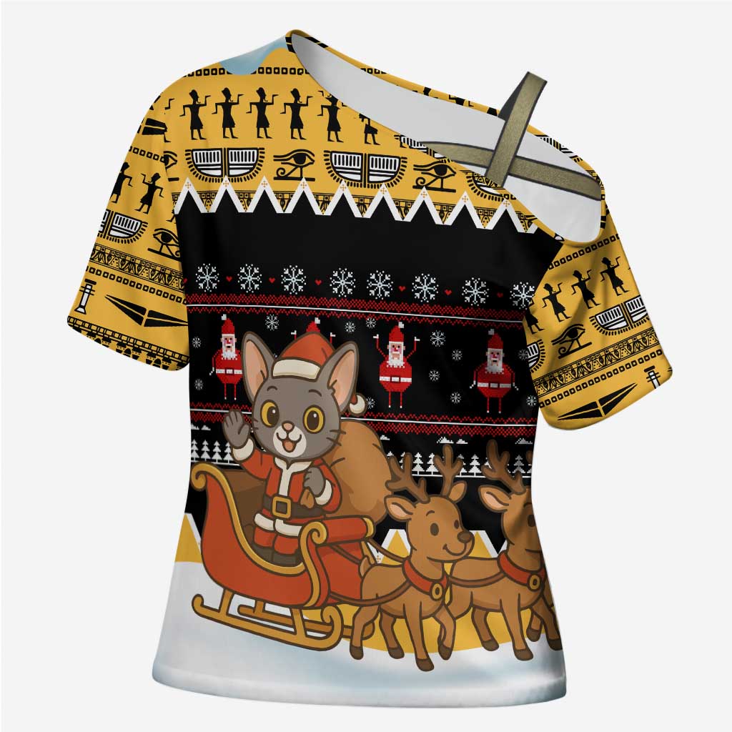 Egypt Christmas Cross Shoulder Shirt with Santa Cat Sleigh Reindeer Christmas Tree and Ancient Hieroglyphic - Wonder Print Shop
