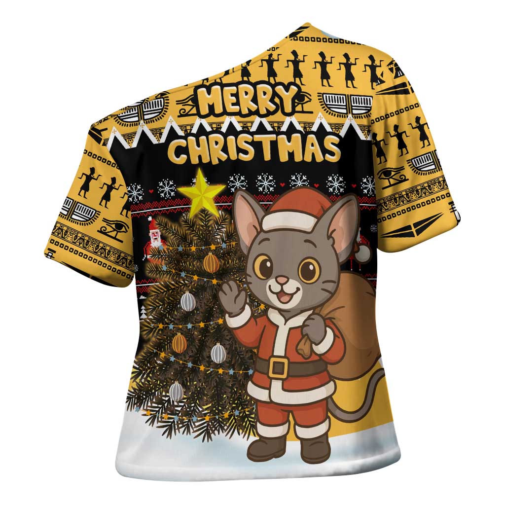 Egypt Christmas Cross Shoulder Shirt with Santa Cat Sleigh Reindeer Christmas Tree and Ancient Hieroglyphic - Wonder Print Shop