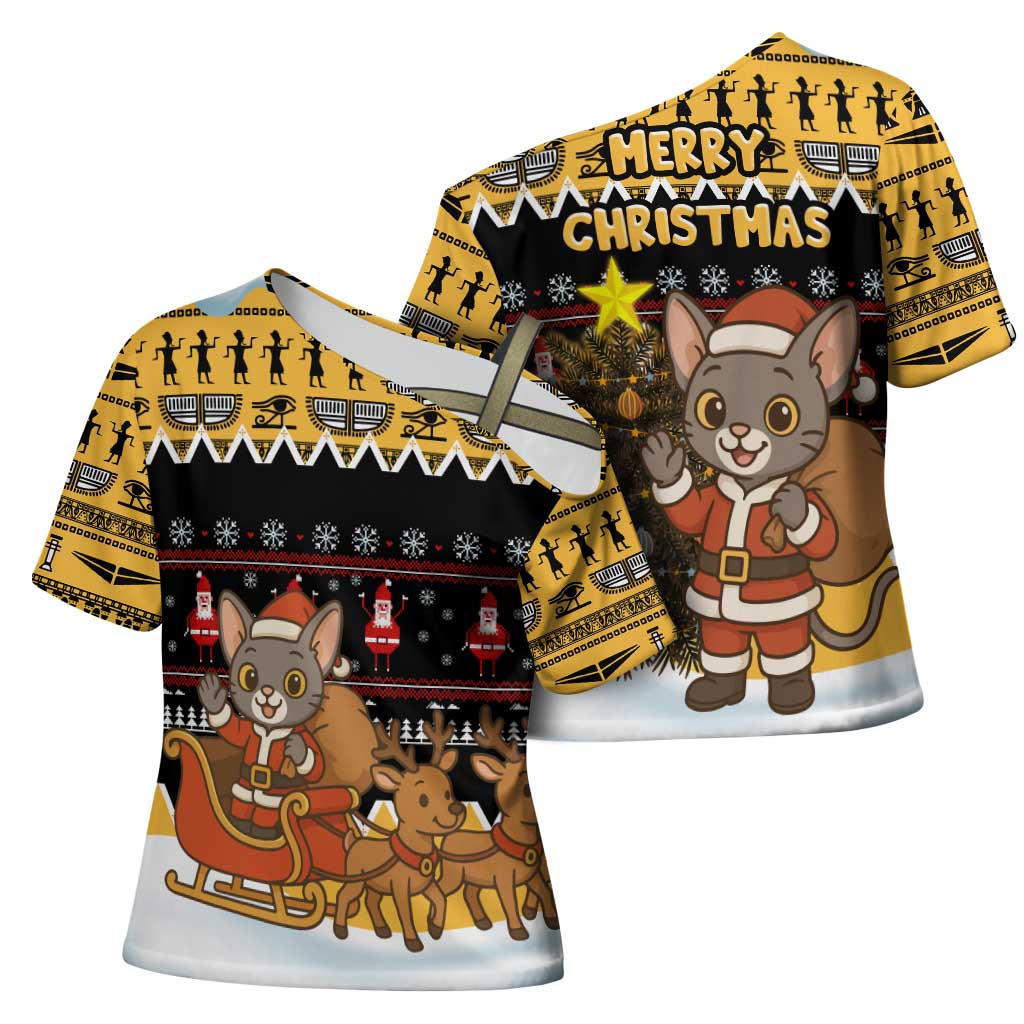 Egypt Christmas Cross Shoulder Shirt with Santa Cat Sleigh Reindeer Christmas Tree and Ancient Hieroglyphic - Wonder Print Shop