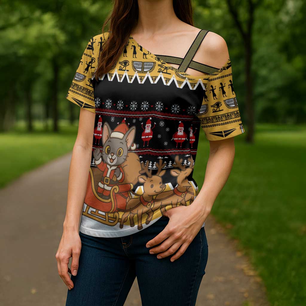 Egypt Christmas Cross Shoulder Shirt with Santa Cat Sleigh Reindeer Christmas Tree and Ancient Hieroglyphic - Wonder Print Shop