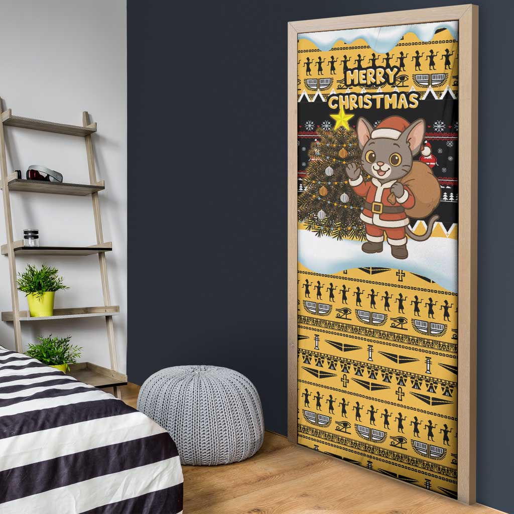 Egypt Christmas Door Cover with Santa Cat Sleigh Reindeer Christmas Tree and Ancient Hieroglyphic - Wonder Print Shop
