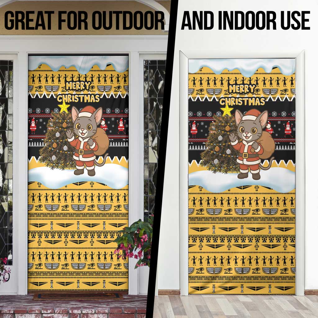 Egypt Christmas Door Cover with Santa Cat Sleigh Reindeer Christmas Tree and Ancient Hieroglyphic - Wonder Print Shop