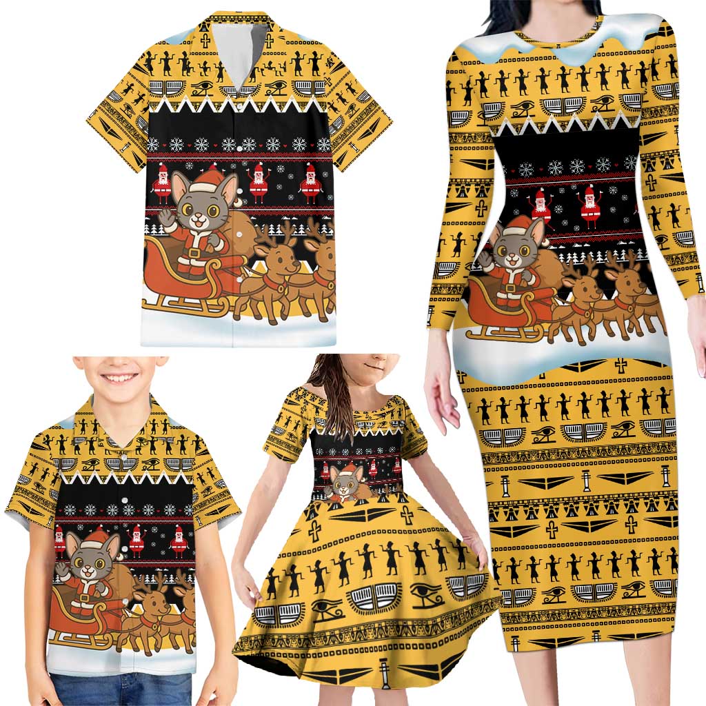 Egypt Christmas Family Matching Long Sleeve Bodycon Dress and Hawaiian Shirt with Santa Cat Sleigh Reindeer Christmas Tree and Ancient Hieroglyphic - Wonder Print Shop