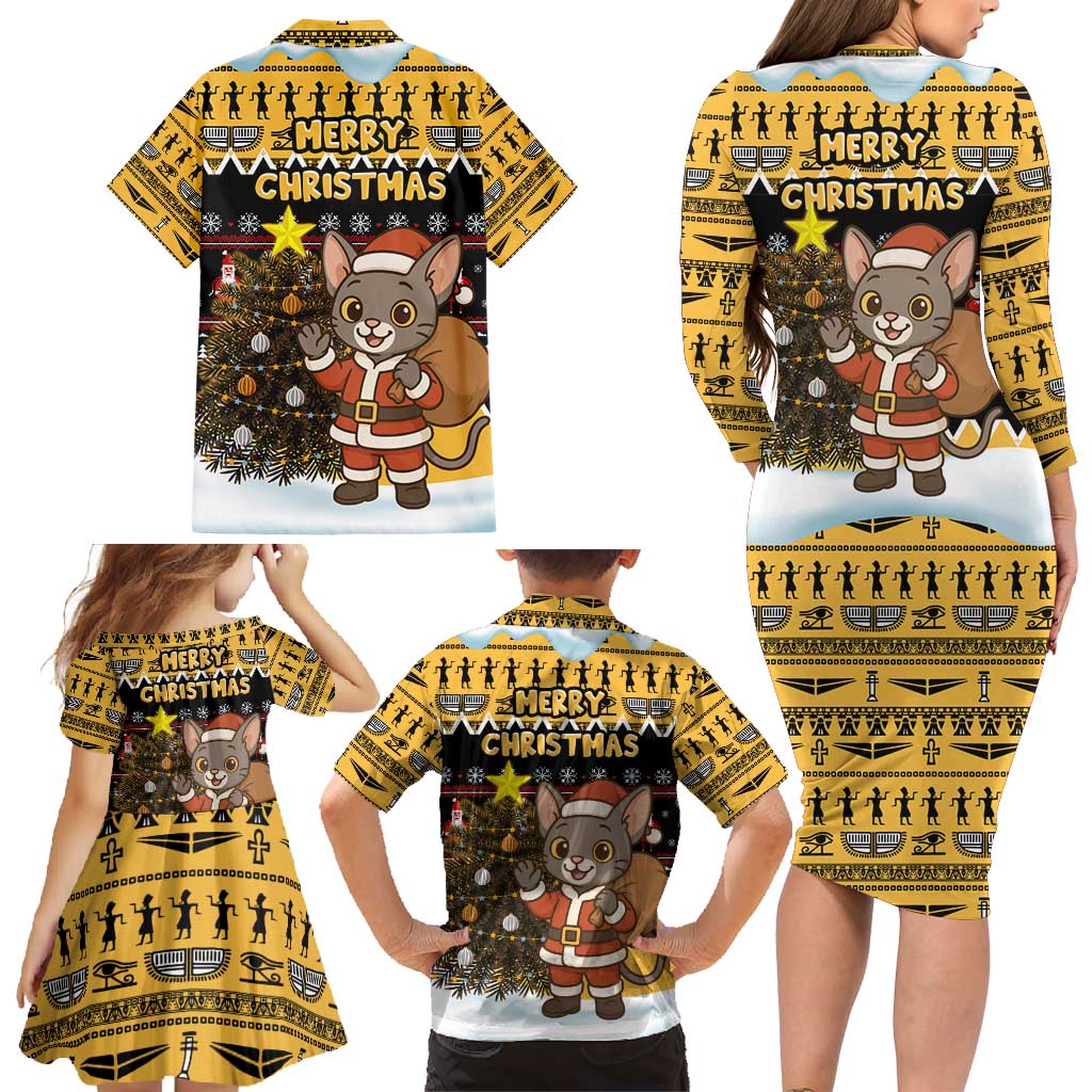 Egypt Christmas Family Matching Long Sleeve Bodycon Dress and Hawaiian Shirt with Santa Cat Sleigh Reindeer Christmas Tree and Ancient Hieroglyphic - Wonder Print Shop