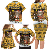 Egypt Christmas Family Matching Long Sleeve Bodycon Dress and Hawaiian Shirt with Santa Cat Sleigh Reindeer Christmas Tree and Ancient Hieroglyphic - Wonder Print Shop