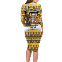 Egypt Christmas Family Matching Long Sleeve Bodycon Dress and Hawaiian Shirt with Santa Cat Sleigh Reindeer Christmas Tree and Ancient Hieroglyphic - Wonder Print Shop