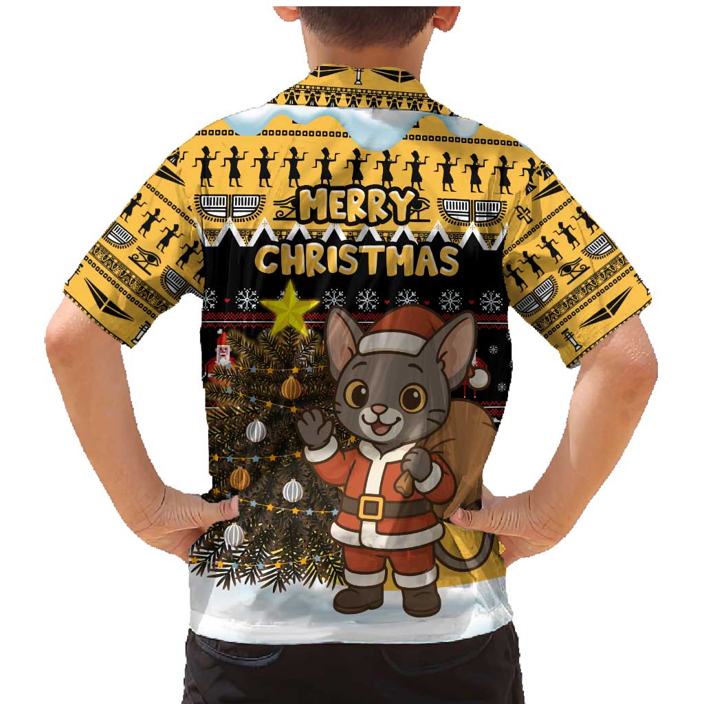 Egypt Christmas Family Matching Mermaid Dress and Hawaiian Shirt with Santa Cat Sleigh Reindeer Christmas Tree and Ancient Hieroglyphic - Wonder Print Shop