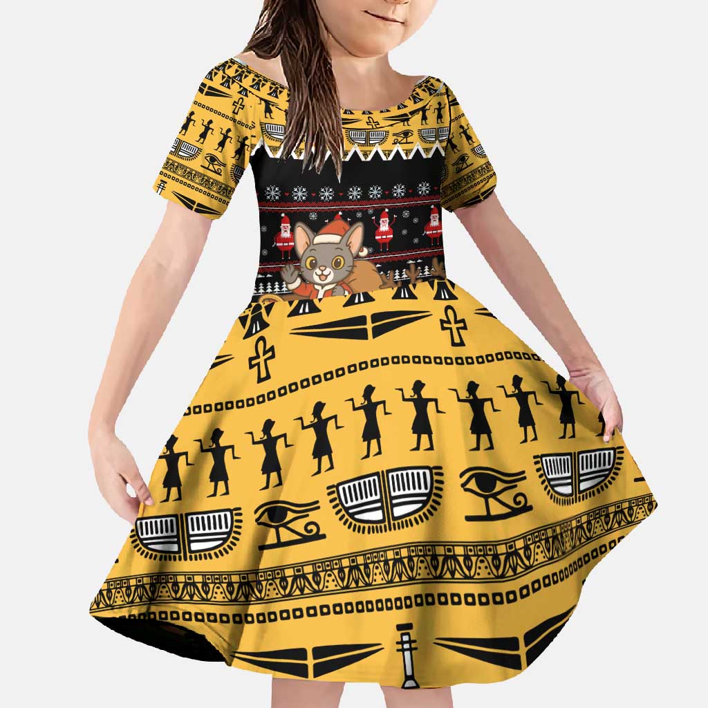 Egypt Christmas Family Matching Mermaid Dress and Hawaiian Shirt with Santa Cat Sleigh Reindeer Christmas Tree and Ancient Hieroglyphic - Wonder Print Shop