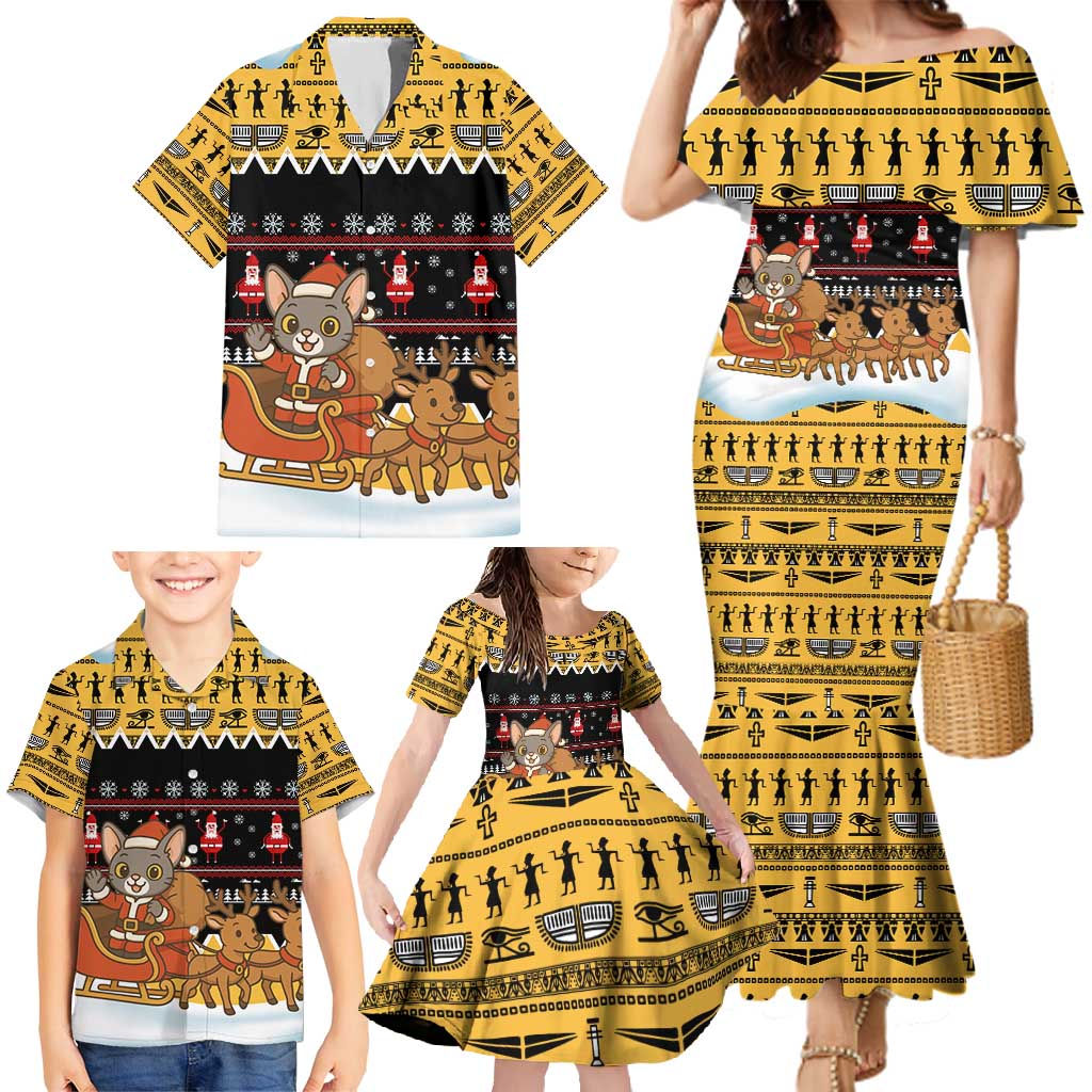 Egypt Christmas Family Matching Mermaid Dress and Hawaiian Shirt with Santa Cat Sleigh Reindeer Christmas Tree and Ancient Hieroglyphic - Wonder Print Shop