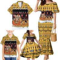 Egypt Christmas Family Matching Mermaid Dress and Hawaiian Shirt with Santa Cat Sleigh Reindeer Christmas Tree and Ancient Hieroglyphic - Wonder Print Shop