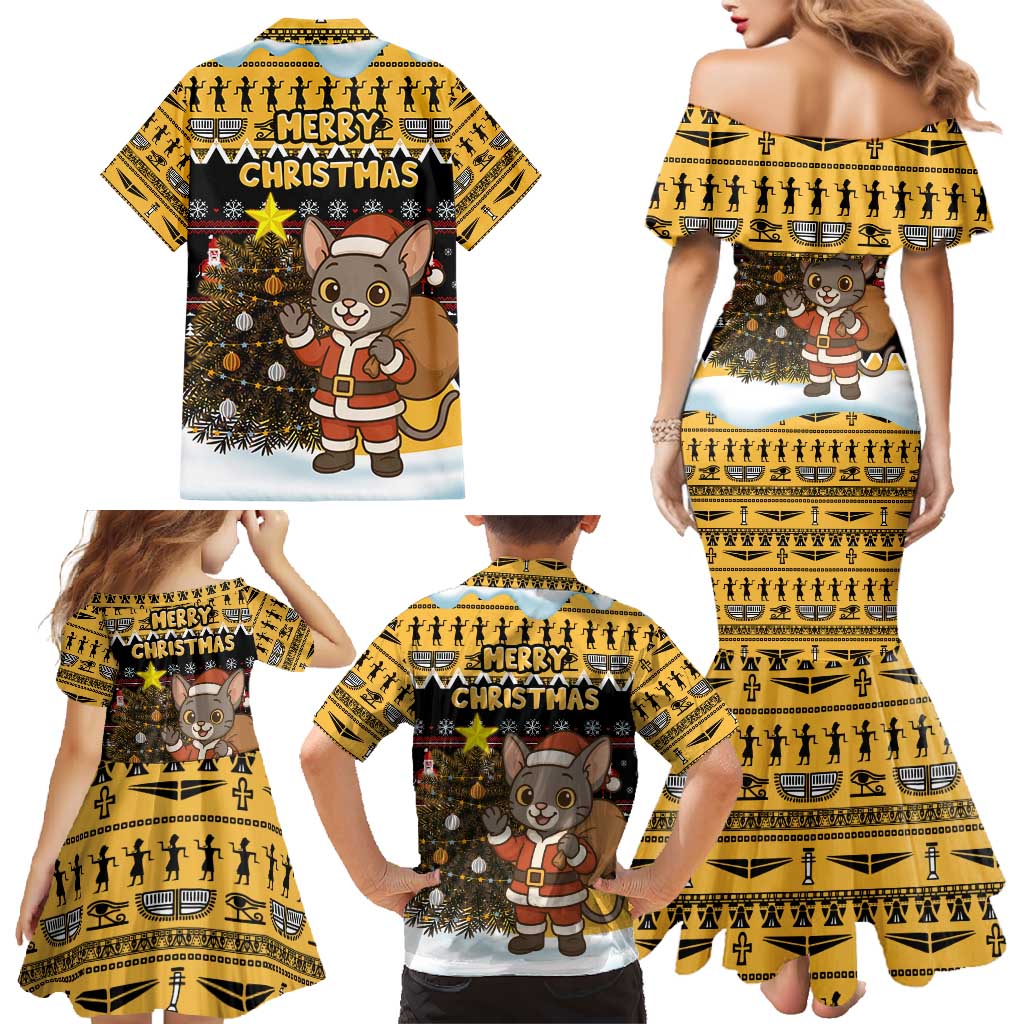 Egypt Christmas Family Matching Mermaid Dress and Hawaiian Shirt with Santa Cat Sleigh Reindeer Christmas Tree and Ancient Hieroglyphic - Wonder Print Shop