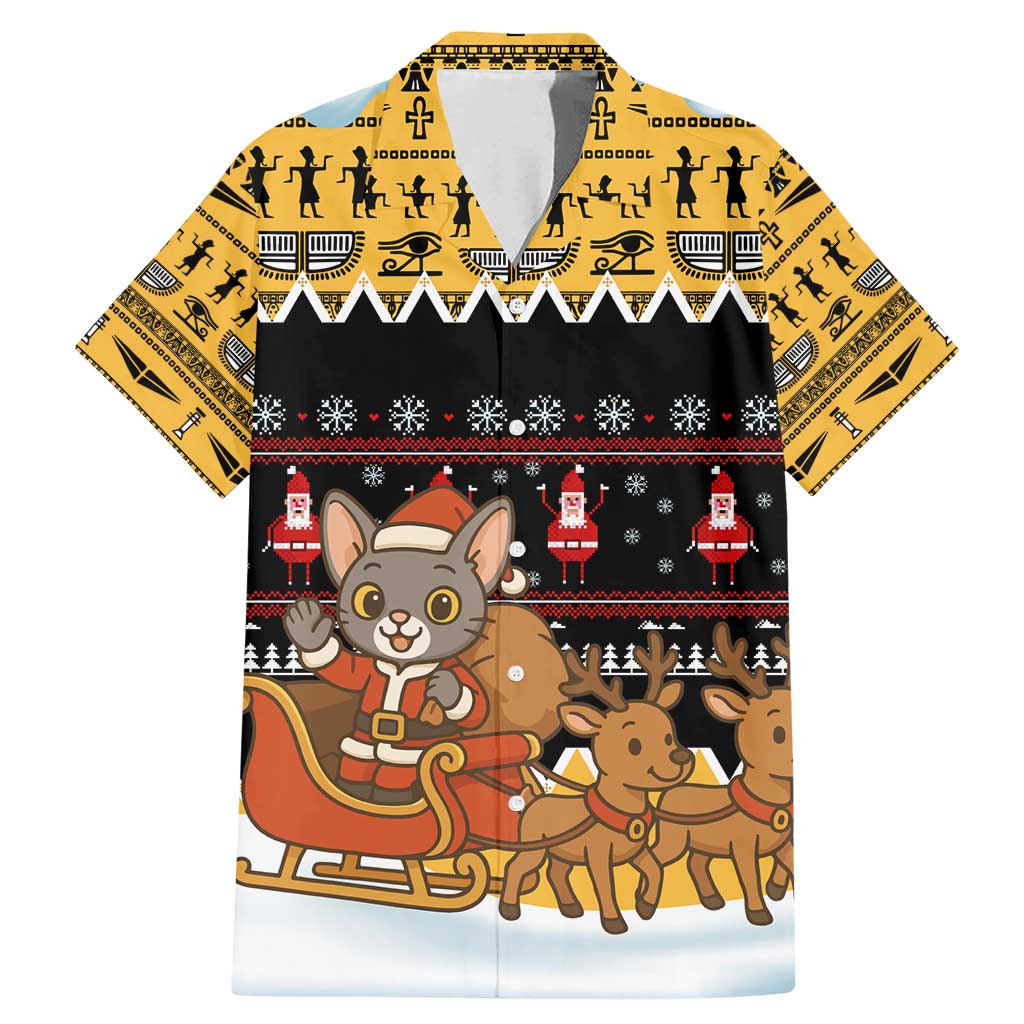Egypt Christmas Family Matching Mermaid Dress and Hawaiian Shirt with Santa Cat Sleigh Reindeer Christmas Tree and Ancient Hieroglyphic - Wonder Print Shop