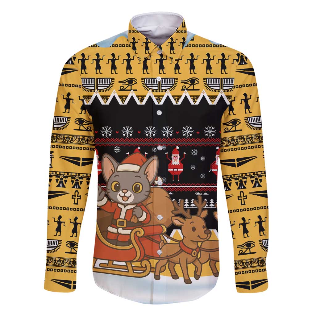 Egypt Christmas Family Matching Mermaid Dress and Hawaiian Shirt with Santa Cat Sleigh Reindeer Christmas Tree and Ancient Hieroglyphic - Wonder Print Shop
