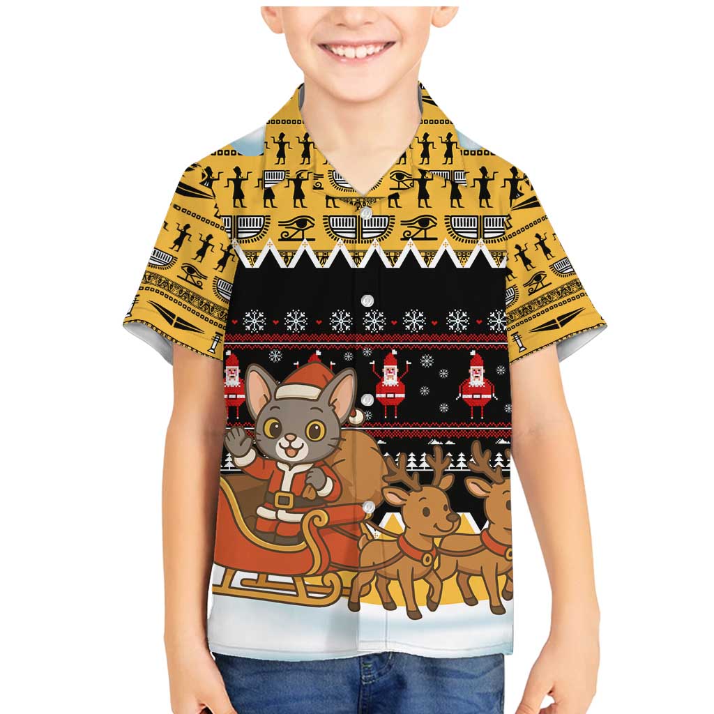Egypt Christmas Family Matching Mermaid Dress and Hawaiian Shirt with Santa Cat Sleigh Reindeer Christmas Tree and Ancient Hieroglyphic - Wonder Print Shop