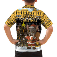 Egypt Christmas Family Matching Off The Shoulder Long Sleeve Dress and Hawaiian Shirt with Santa Cat Sleigh Reindeer Christmas Tree and Ancient Hieroglyphic - Wonder Print Shop