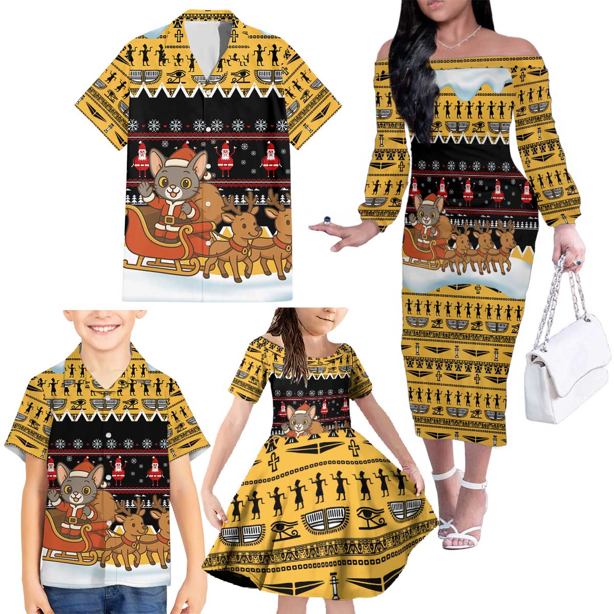 Egypt Christmas Family Matching Off The Shoulder Long Sleeve Dress and Hawaiian Shirt with Santa Cat Sleigh Reindeer Christmas Tree and Ancient Hieroglyphic - Wonder Print Shop