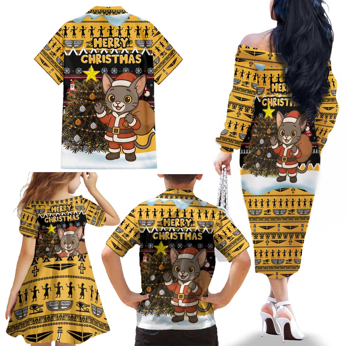 Egypt Christmas Family Matching Off The Shoulder Long Sleeve Dress and Hawaiian Shirt with Santa Cat Sleigh Reindeer Christmas Tree and Ancient Hieroglyphic - Wonder Print Shop